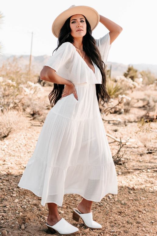 gebroken wit lieve meisjes maxi-jurk met ruches aan de mouwen en v-hals NanaMacs HPTT2428