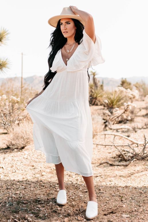 gebroken wit lieve meisjes maxi-jurk met ruches aan de mouwen en v-hals NanaMacs HPTT2428