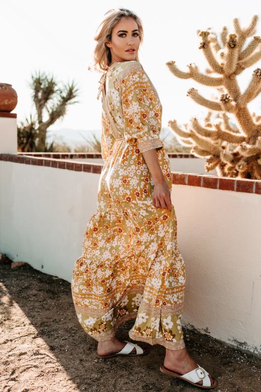 geel/limoen Garden gaze gelaagde gebloemde maxi-jurk NanaMacs HPTT2432