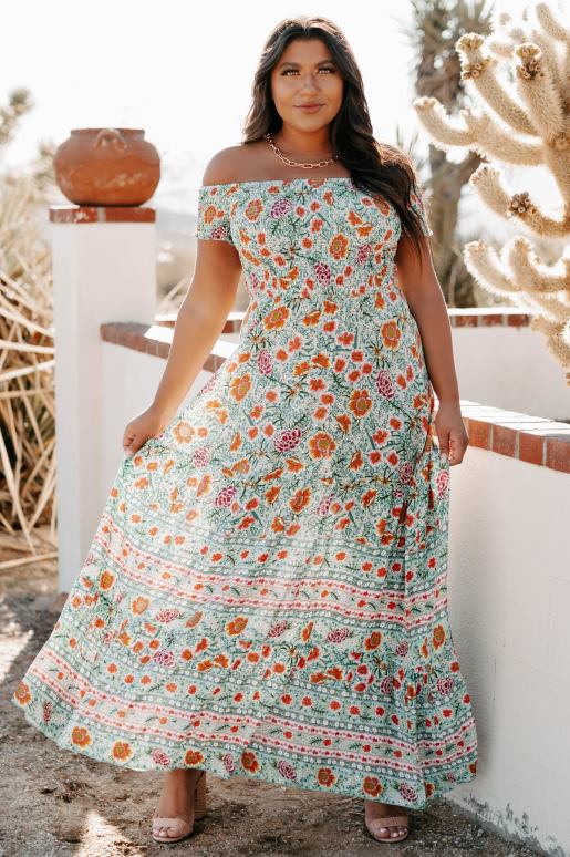 groen/multi wonderen gebeuren off-shoulder gebloemde maxi-jurk NanaMacs HPTT2429