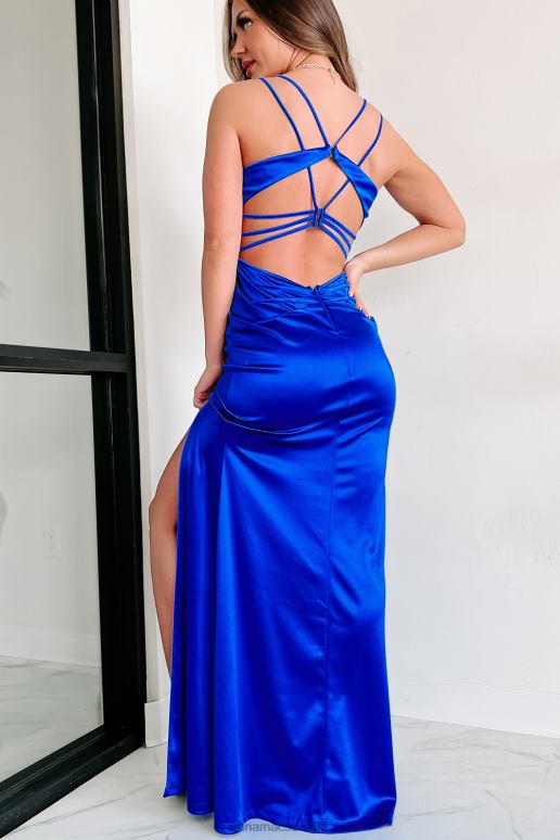 koningsblauw Zeldzame schoonheid diep vallende satijnen maxi-jurk NanaMacs HPTT2376