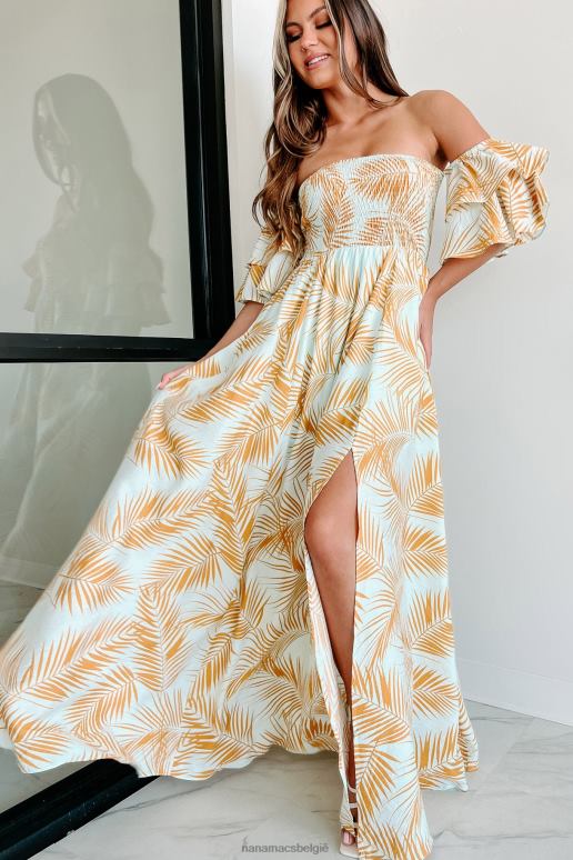 lichtblauw/geel vertrekken op een uitje off-shoulder maxi-jurk NanaMacs HPTT2337