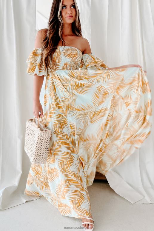 lichtblauw/geel vertrekken op een uitje off-shoulder maxi-jurk NanaMacs HPTT2337