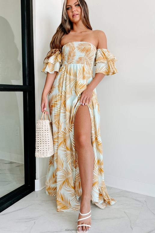 lichtblauw/geel vertrekken op een uitje off-shoulder maxi-jurk NanaMacs HPTT2337