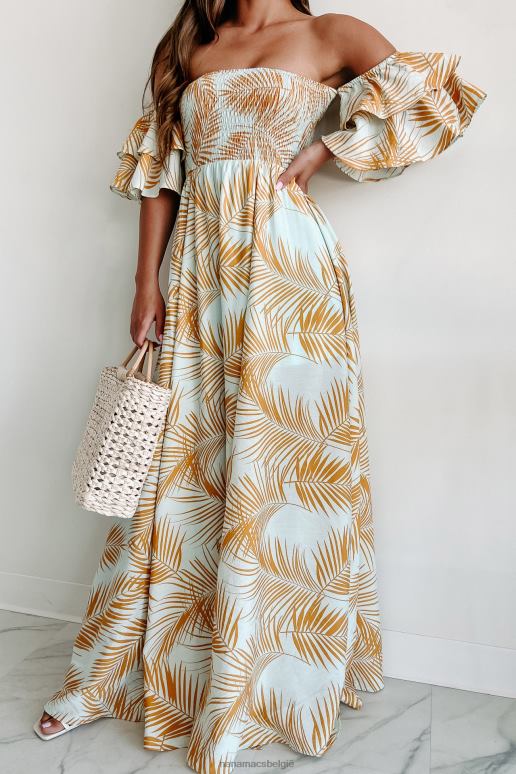 lichtblauw/geel vertrekken op een uitje off-shoulder maxi-jurk NanaMacs HPTT2337