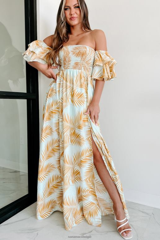 lichtblauw/geel vertrekken op een uitje off-shoulder maxi-jurk NanaMacs HPTT2337