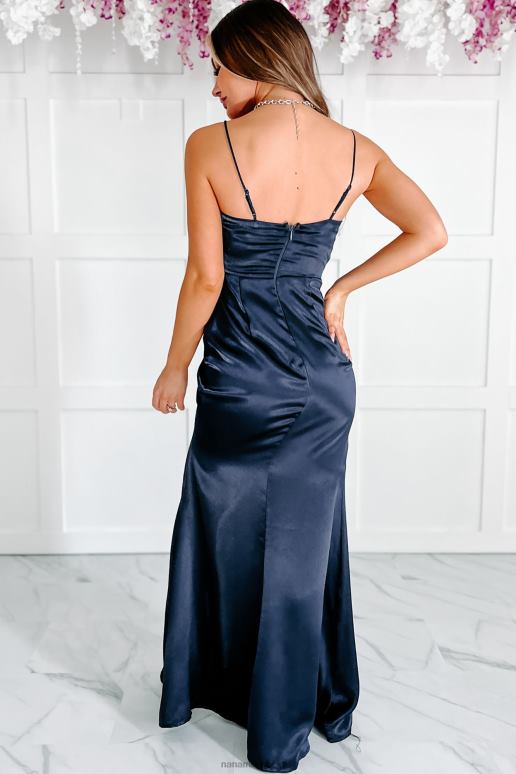 marine verfijnde satijnen maxi-jurk met uitsnijding aan de voorkant NanaMacs HPTT2412