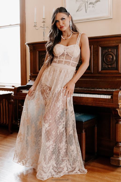 vintage taupe rule the runway short gevoerde barokke kanten maxi-jurk NanaMacs HPTT2399