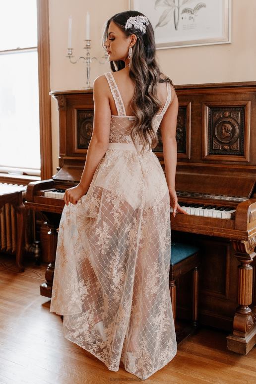 vintage taupe rule the runway short gevoerde barokke kanten maxi-jurk NanaMacs HPTT2399