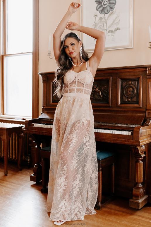 vintage taupe rule the runway short gevoerde barokke kanten maxi-jurk NanaMacs HPTT2399