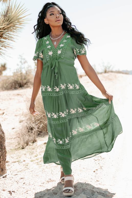 wintertaling lente opgefriste maxi-jurk met geborduurde bloemen NanaMacs HPTT2431