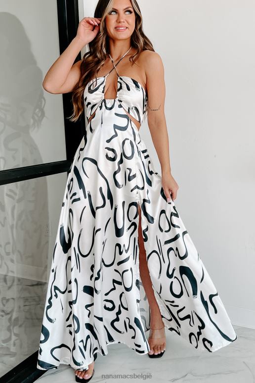 wit Zwart mijn stilte breken satijnen halter maxi-jurk NanaMacs HPTT2351