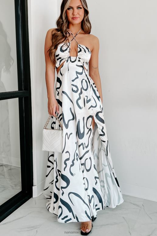 wit Zwart mijn stilte breken satijnen halter maxi-jurk NanaMacs HPTT2351