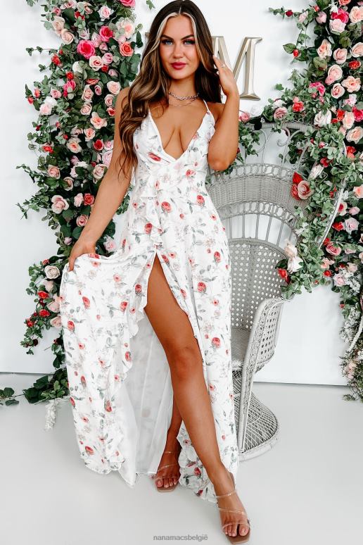 wit altijd elegante gegolfde maxi-jurk met bloemen NanaMacs HPTT2410