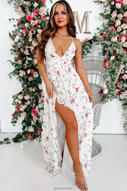 wit altijd elegante gegolfde maxi-jurk met bloemen NanaMacs HPTT2410