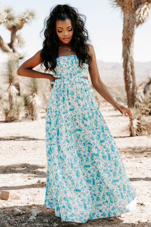 wit/aquablauw bloeiend in stijl strapless gebloemde maxi-jurk NanaMacs HPTT2430