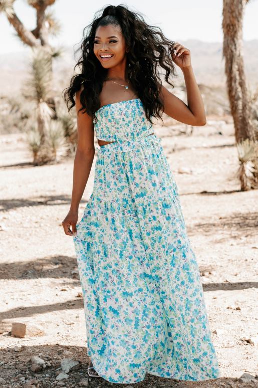 wit/aquablauw bloeiend in stijl strapless gebloemde maxi-jurk NanaMacs HPTT2430