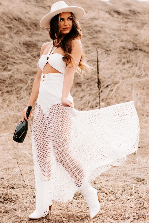 wit ergens warm gebreide bodysuit maxi-jurk met halternek NanaMacs HPTT2382