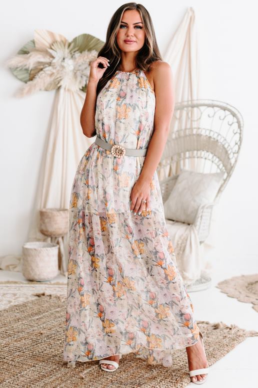 zand/lavendel betekenisvolle blikken gebloemde chiffon halter maxi-jurk NanaMacs HPTT2441