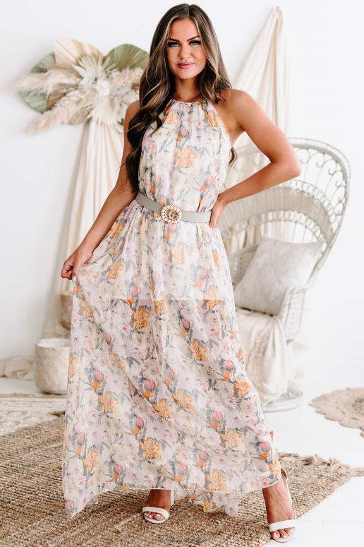 zand/lavendel betekenisvolle blikken gebloemde chiffon halter maxi-jurk NanaMacs HPTT2441