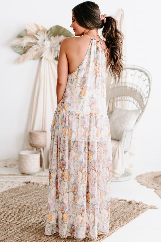 zand/lavendel betekenisvolle blikken gebloemde chiffon halter maxi-jurk NanaMacs HPTT2441