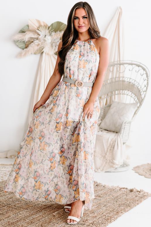 zand/lavendel betekenisvolle blikken gebloemde chiffon halter maxi-jurk NanaMacs HPTT2441