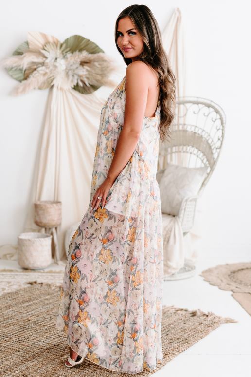 zand/lavendel betekenisvolle blikken gebloemde chiffon halter maxi-jurk NanaMacs HPTT2441