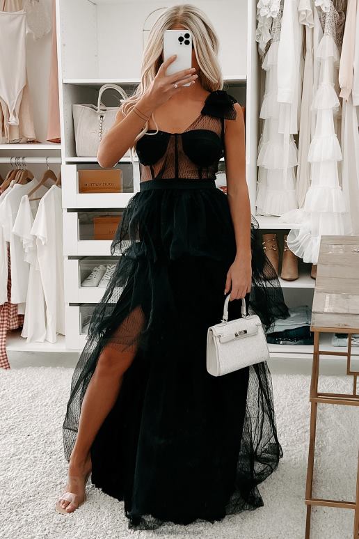 zwart hoofden laten draaien, gelaagde maxi-jurk met één schouder NanaMacs HPTT2368