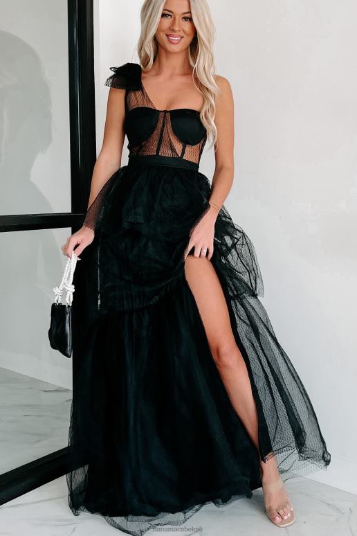 zwart hoofden laten draaien, gelaagde maxi-jurk met één schouder NanaMacs HPTT2368