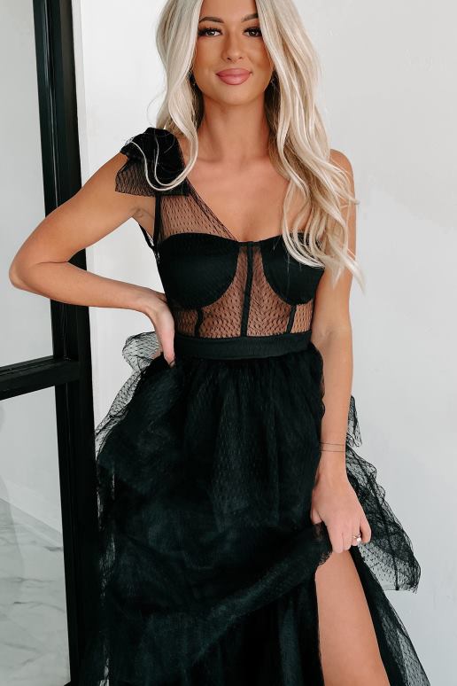 zwart hoofden laten draaien, gelaagde maxi-jurk met één schouder NanaMacs HPTT2368