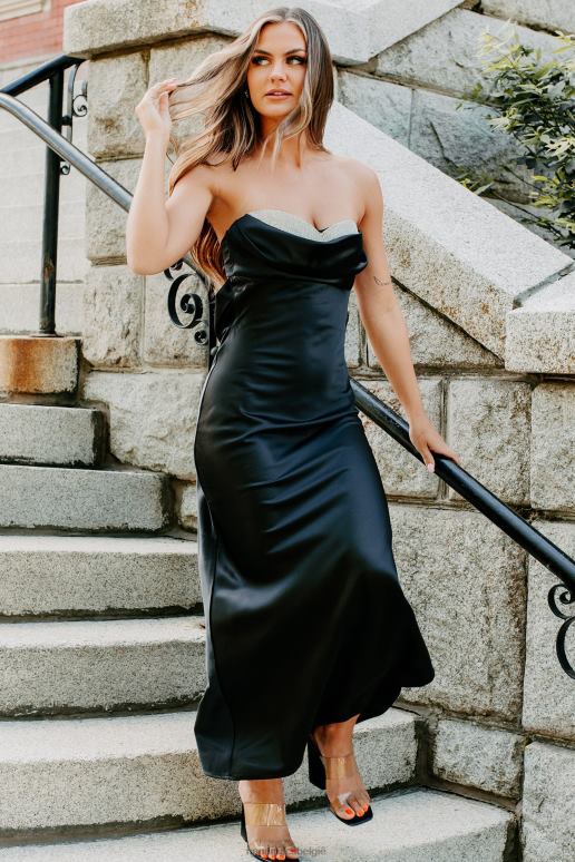 zwart royale satijnen maxi-jurk met strass-detail NanaMacs HPTT2331