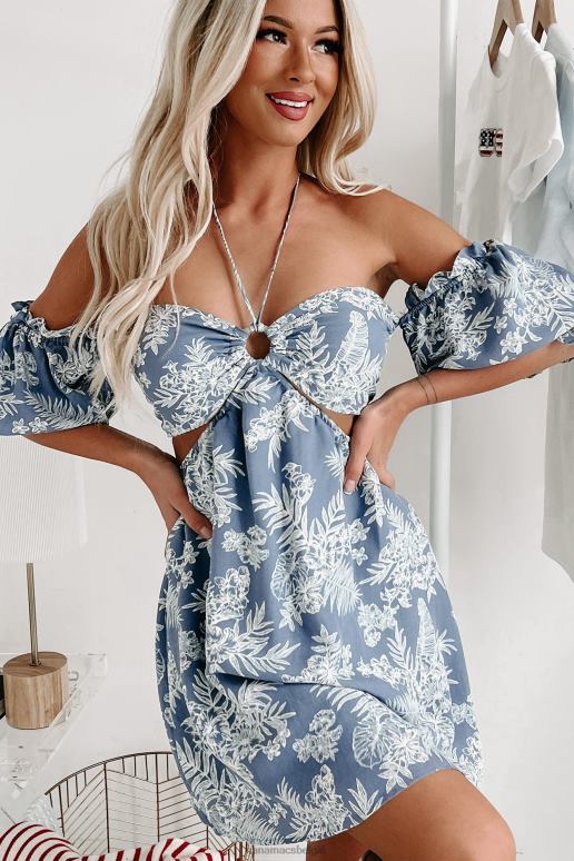 blauw easy going gebloemde mini-jurk met halterhals NanaMacs HPTT1894