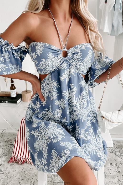 blauw easy going gebloemde mini-jurk met halterhals NanaMacs HPTT1894