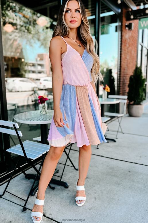 blozen/taupe/blauw mini-jurk met fijne lijnen en gebloemde overslag NanaMacs HPTT2079