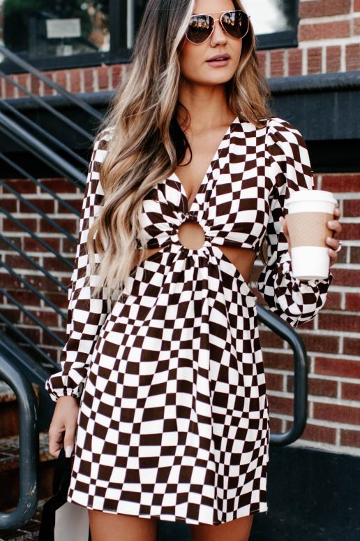 bruin wit groovy nights uitgesneden mini-jurk met geruite print NanaMacs HPTT2137