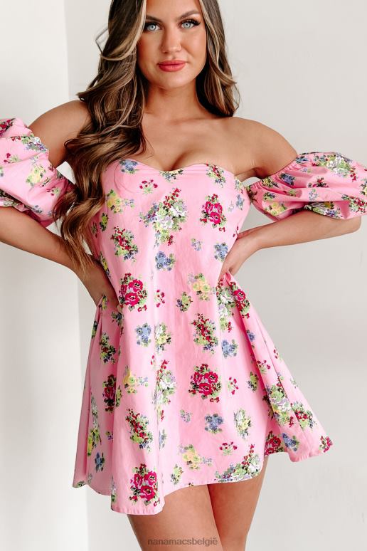 roze Lessen van liefde gebloemde mini-jurk met pofmouwen NanaMacs HPTT1979