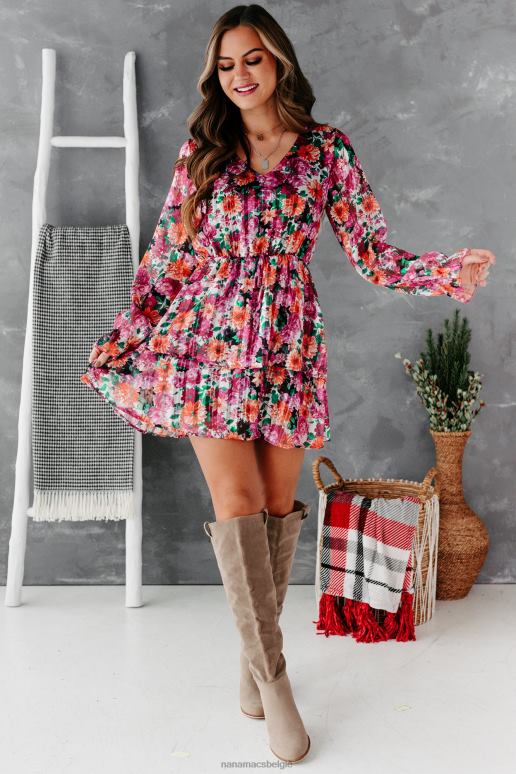 wijn/oranje bloemen mooie speciale gebloemde mini-jurk met ruches NanaMacs HPTT2460