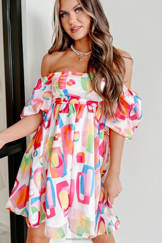 wit multi mini babydoll-jurk met abstract patroon voor een feestje NanaMacs HPTT2107