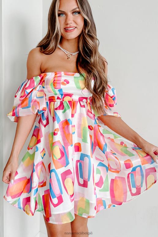 wit multi mini babydoll-jurk met abstract patroon voor een feestje NanaMacs HPTT2107