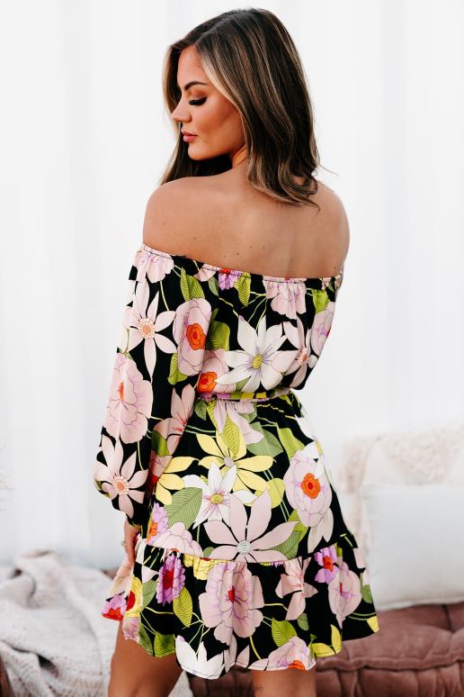 zwart/multi 70's verrassing off-shoulder gebloemde mini-jurk NanaMacs HPTT2222