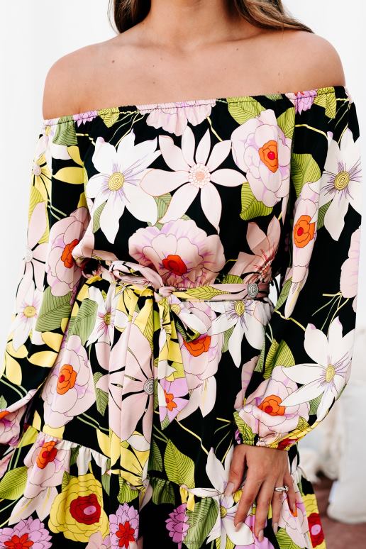 zwart/multi 70's verrassing off-shoulder gebloemde mini-jurk NanaMacs HPTT2222