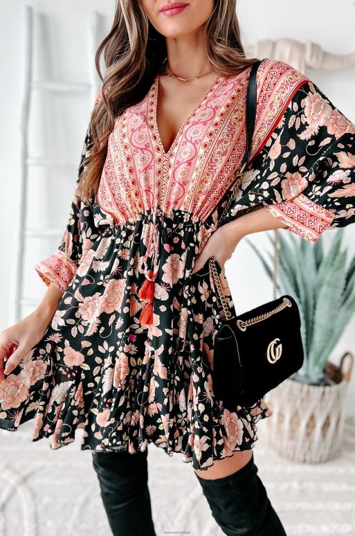 zwart/roze vrolijke mini-jurk met gemengde print en ruches aan de zoom NanaMacs HPTT2208