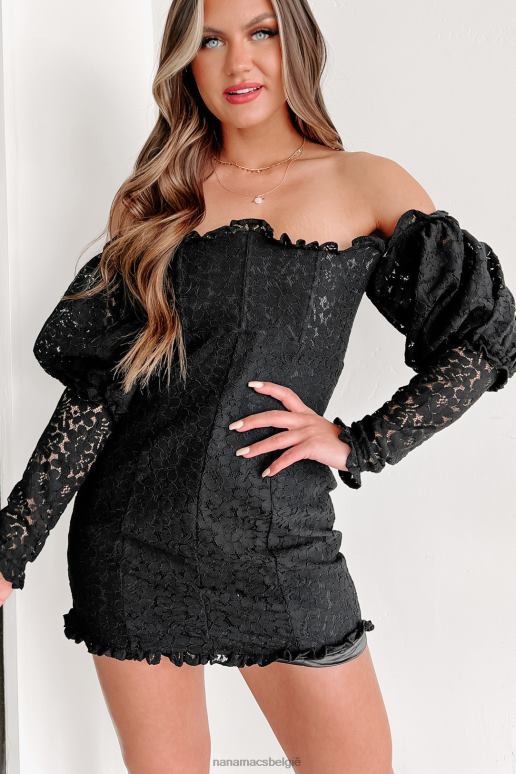 zwart selectief blijven off-shoulder kanten mini-jurk NanaMacs HPTT1978