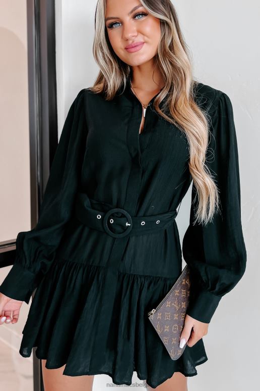 zwart wanneer je arriveert mini-jurk met lange mouwen en riem NanaMacs HPTT2453