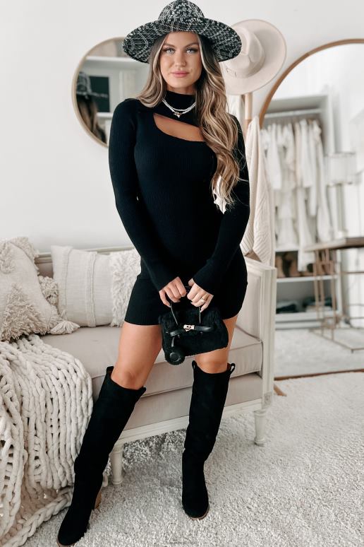 zwart zonder spijt asymmetrische uitgesneden mini-jurk met lange mouwen NanaMacs HPTT2446