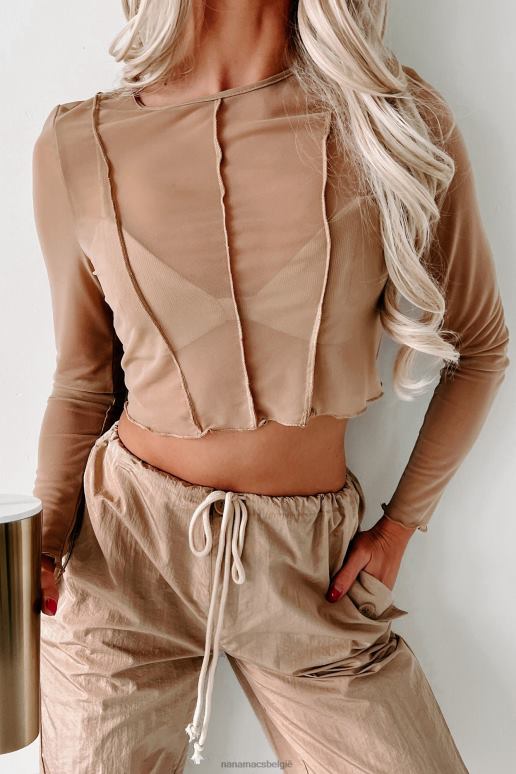 taupe flirty phase mesh crop top met lange mouwen en bralette NanaMacs HPTT181
