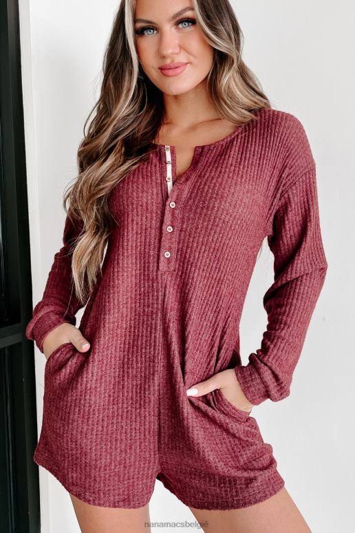 wijn a night at home romper met lange mouwen en wafelpatroon NanaMacs HPTT2659