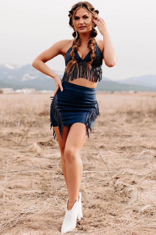 donkere denim elk excuus tweedelige rok met franjes NanaMacs HPTT1577