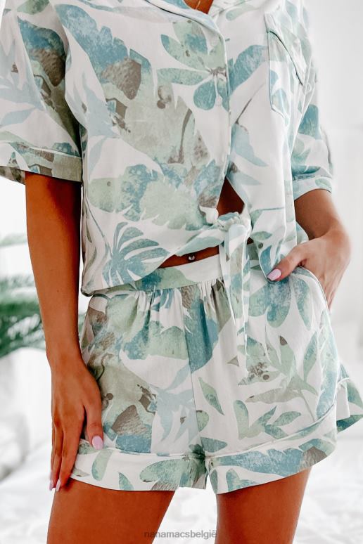 wit/munt bladeren in de wind linnen tweedelige set met tropische print NanaMacs HPTT1658