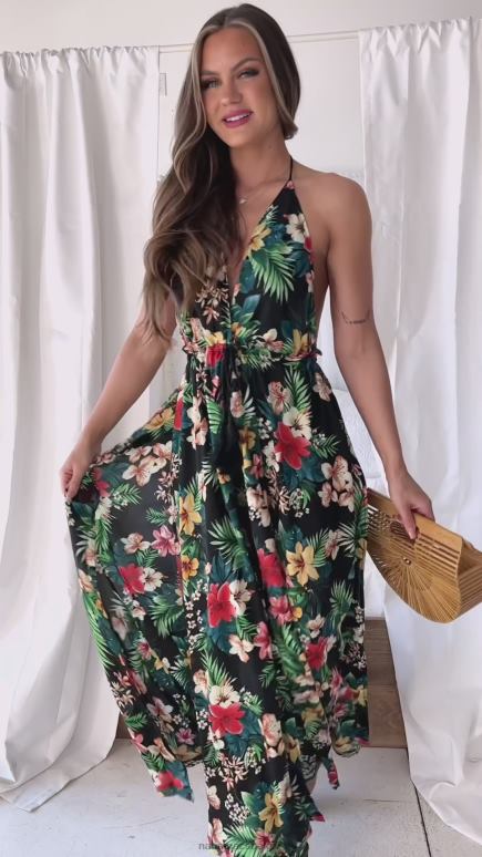 zwart multi ergens op vakantie bloemenprint tweedelige korte set NanaMacs HPTT1582